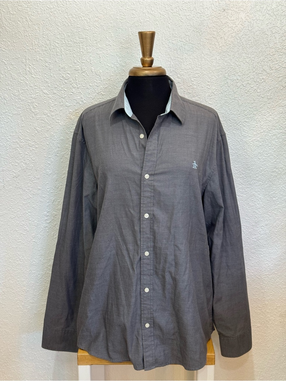 Original Penguin Casual Button-Down Shirt in Gray with Light Blue Logo